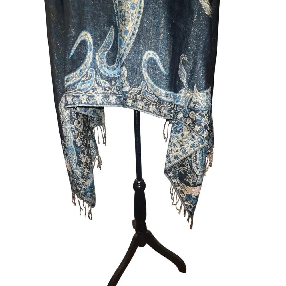 Paisley metallic‎ blue, gold fringe shawl scarf, sarong bohemian GypsyGoth